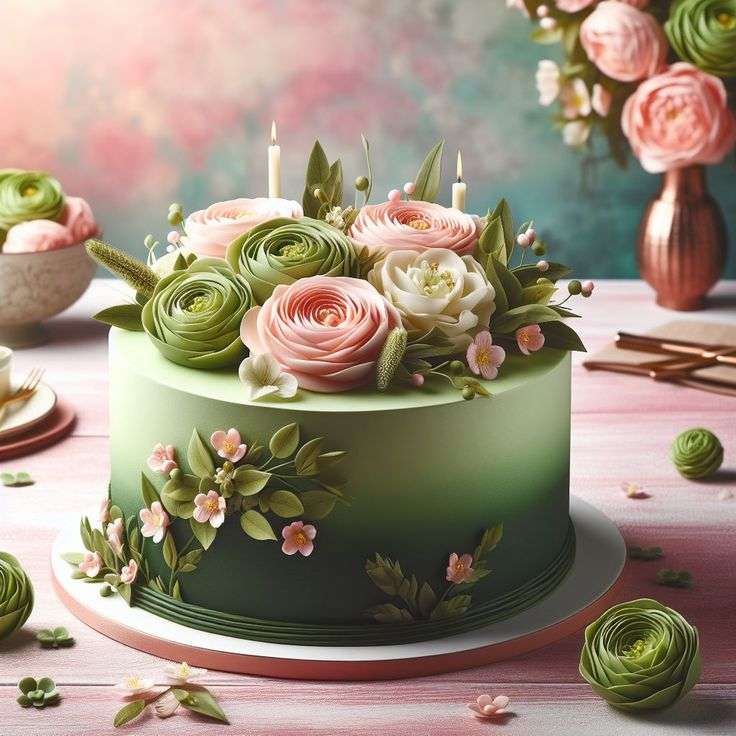 Красивый зеленый торт с розами. пазл онлайн