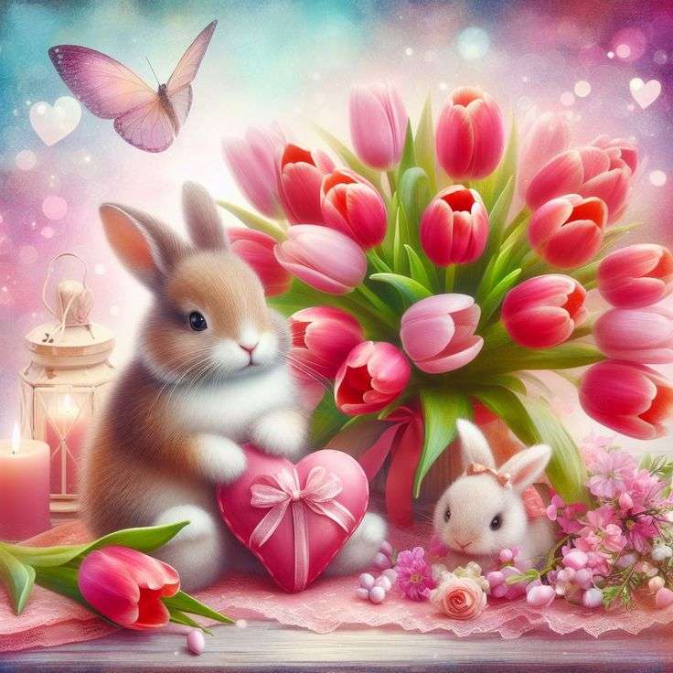 Coniglietto con cuore e tulipani puzzle online