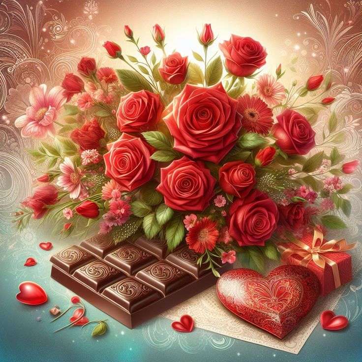 Красиви цветя с шоколадови бонбони онлайн пъзел
