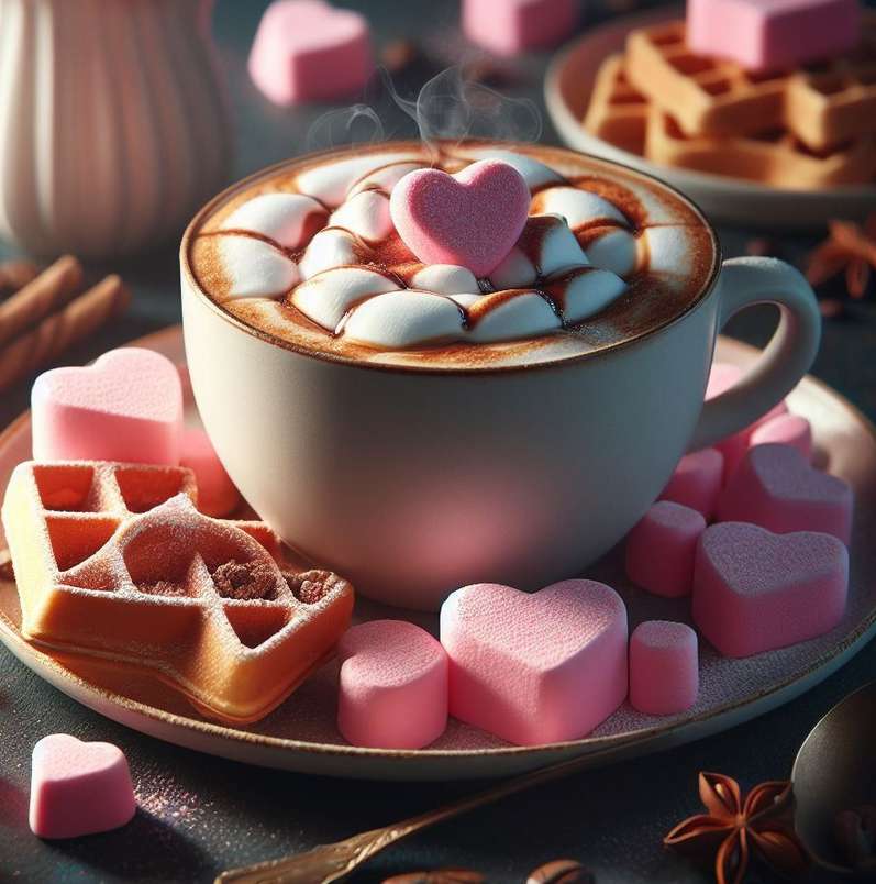 ワッフルとハートの甘いバレンタインデーのお茶 オンラインパズル