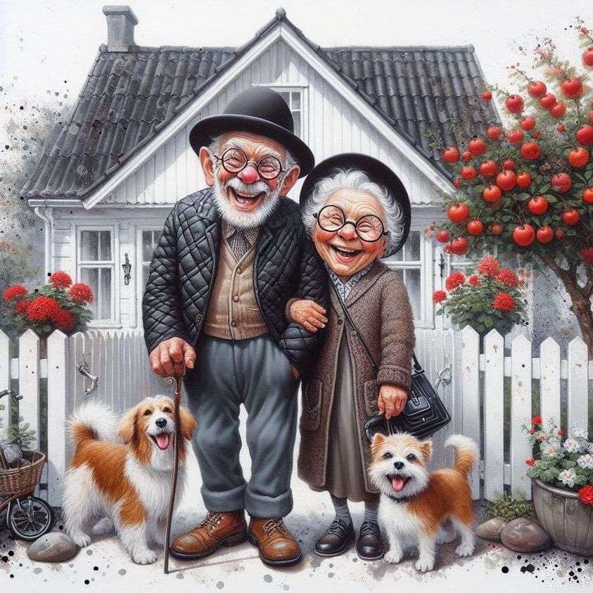 Oma en opa zorgen voor het huis en de hond legpuzzel online