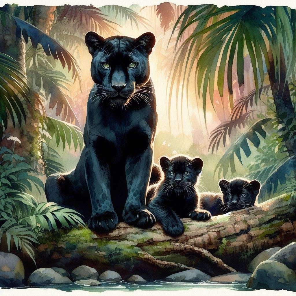 Una pantera nera e i suoi cuccioli puzzle online