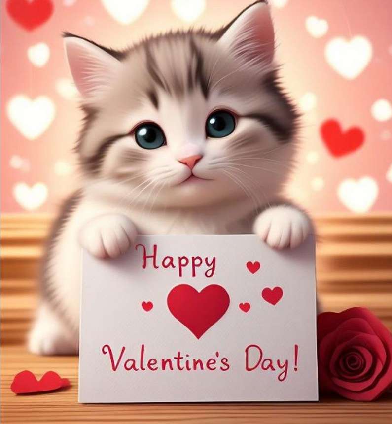 Kleines Kätzchen wünscht Ihnen einen schönen Valentinstag Online-Puzzle