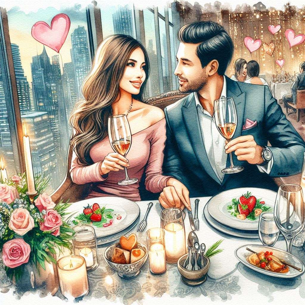 Влюбена двойка вечеря в луксозен ресторант онлайн пъзел