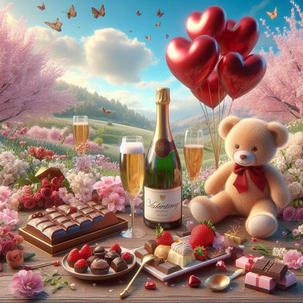 Champagne, teddybeer, bloemen legpuzzel online