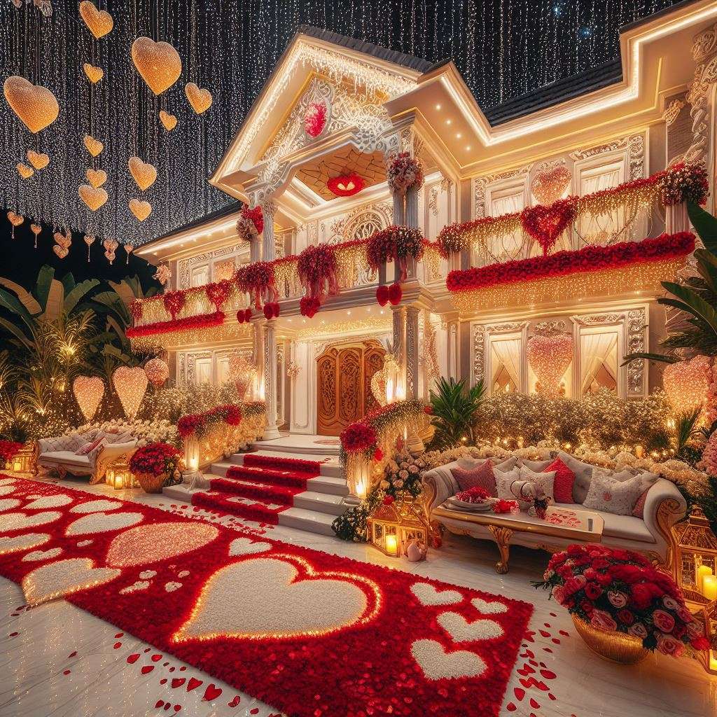 バレンタインデー用に装飾された豪華な家 オンラインパズル