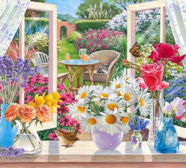 Цветя във вази на перваза на прозореца онлайн пъзел