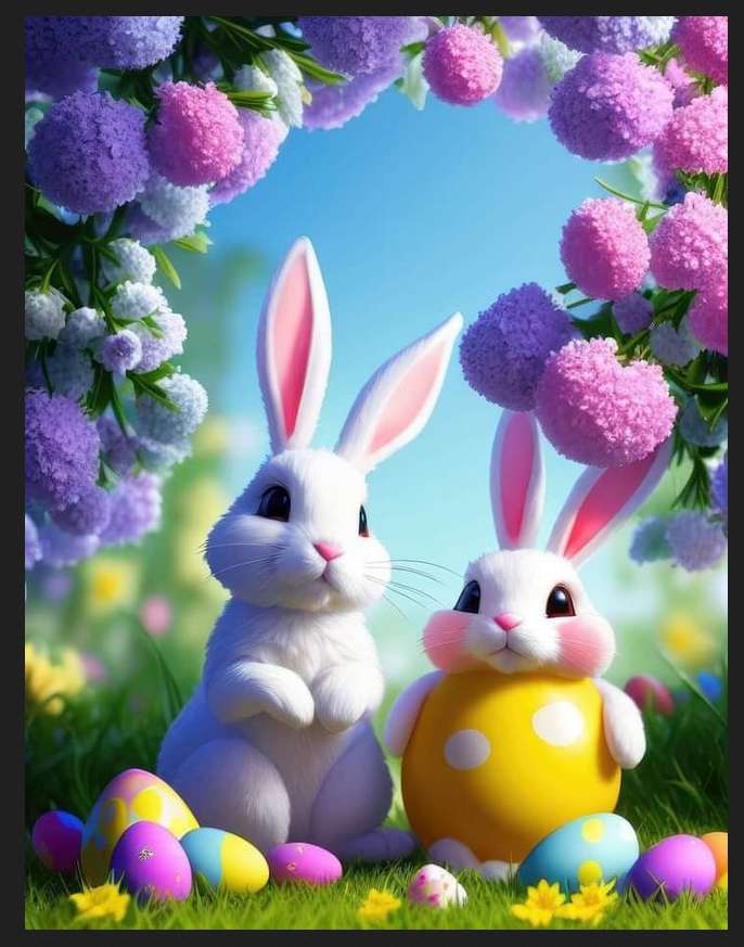 Пасхальные кролики и цветы, пасхальные яйца онлайн-пазл