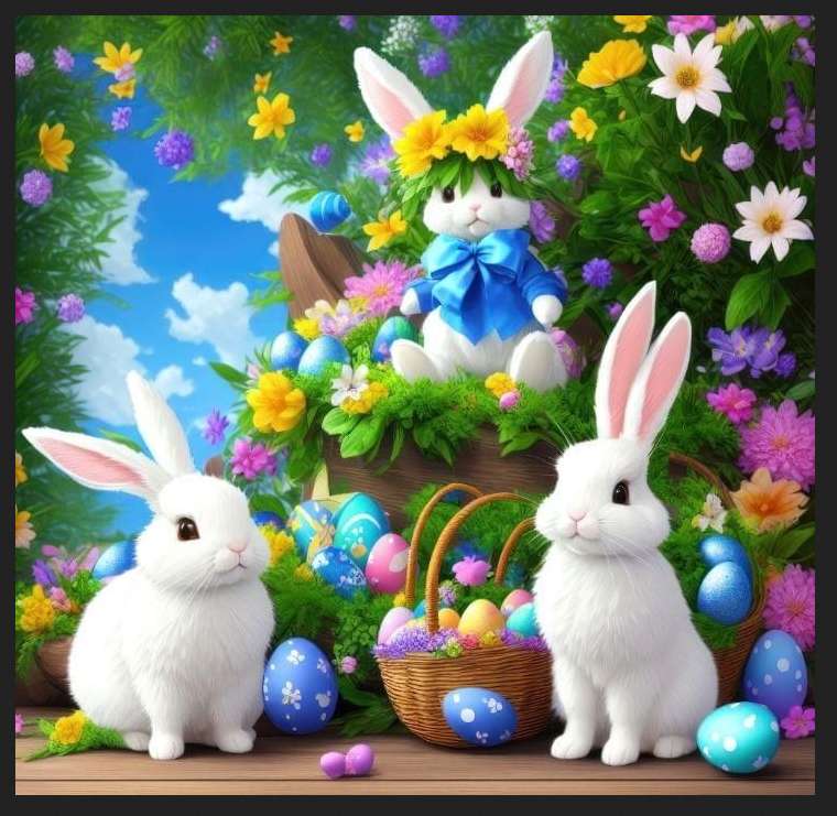 Великденски зайци и цветя, и великденски яйца онлайн пъзел