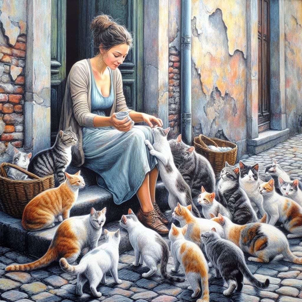 Une femme nourrit des chats errants puzzle en ligne