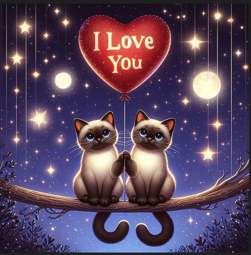 dois gatos à noite com um balão e eu te amo, lua quebra-cabeças online