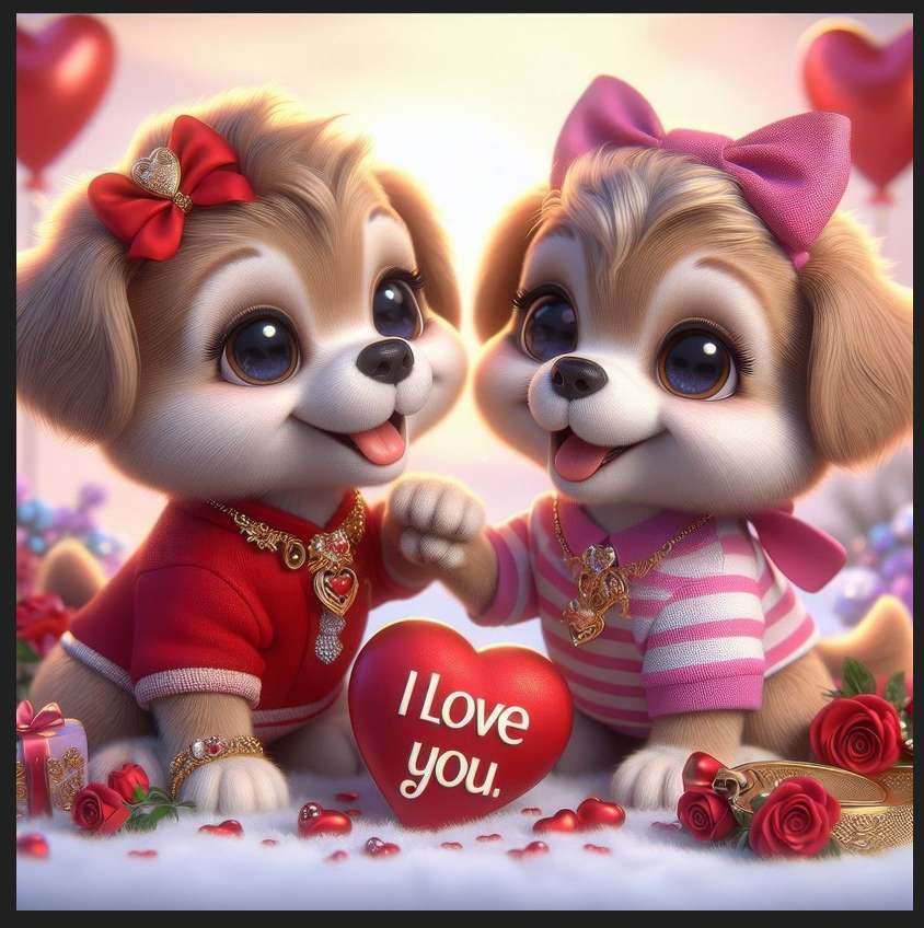 dois cachorros apaixonados e corações puzzle online