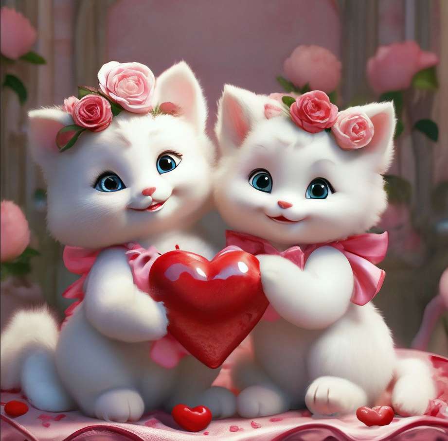 сладки две влюбени котенца, държащи сърце онлайн пъзел