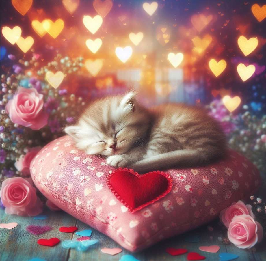 a small, sweet kitten sleeping on a heart pillow jigsaw puzzle online