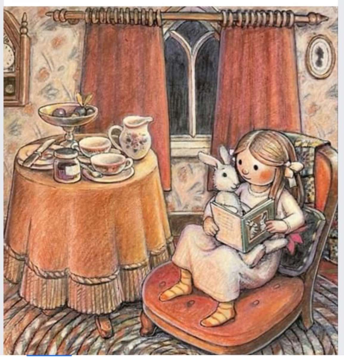 Чаювання з кроликом і книжкою пазл онлайн