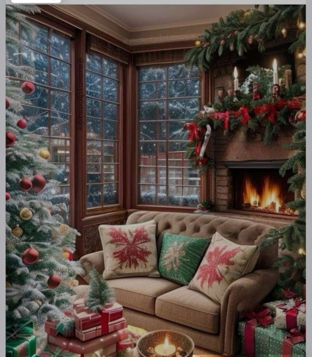 Уютна Весела Коледа край огъня. онлайн пъзел