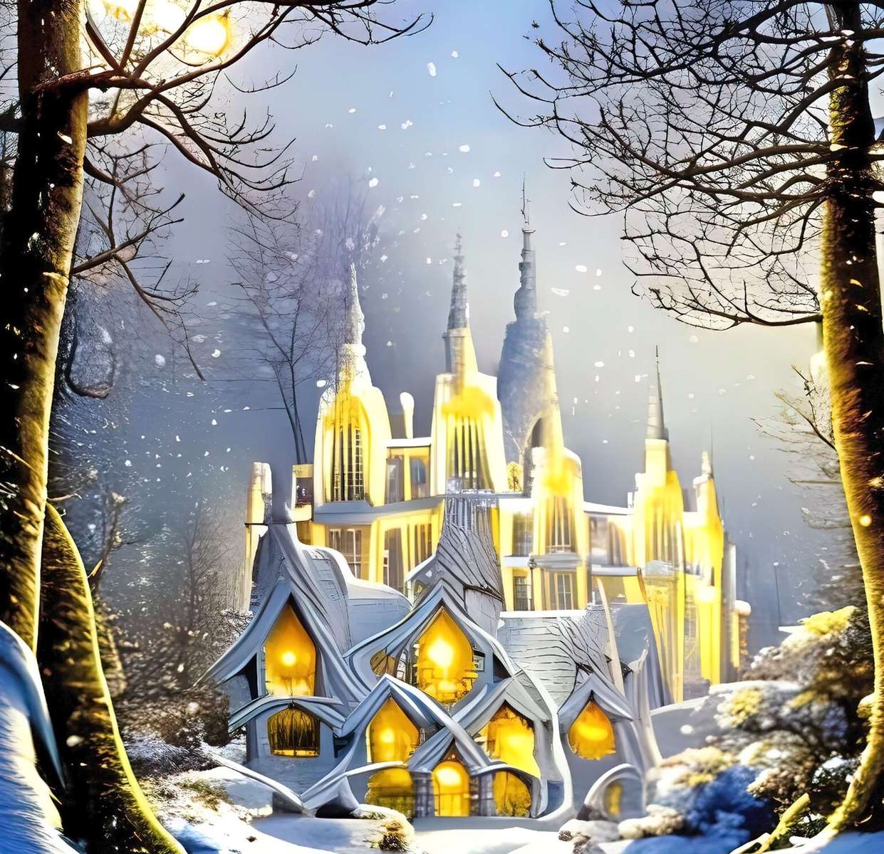 Verlicht kasteel in de winter online puzzel
