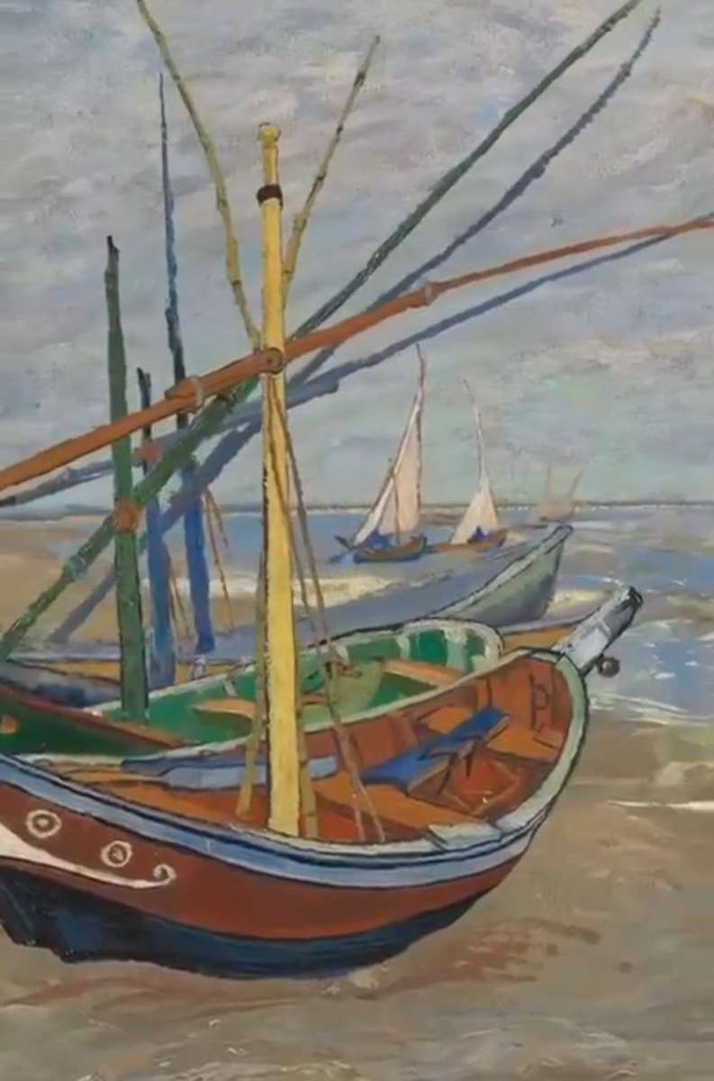 нарисованная картина с изображением лодки на пляже онлайн-пазл