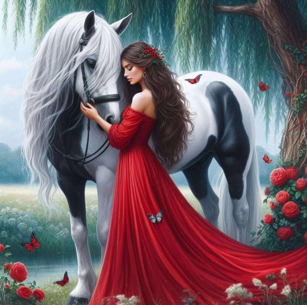 Häst och dam i rött pussel på nätet