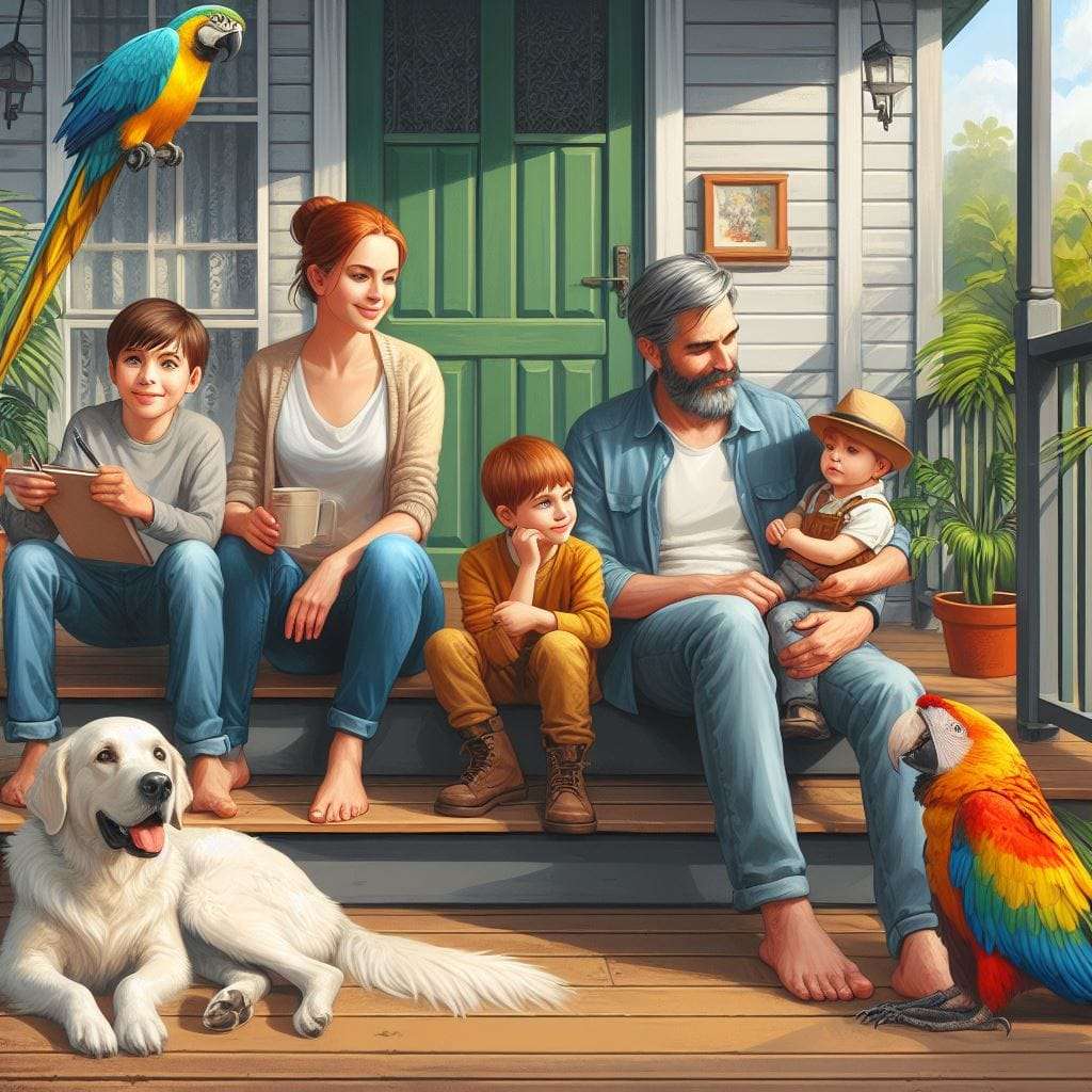 Familie așezată pe verandă puzzle online
