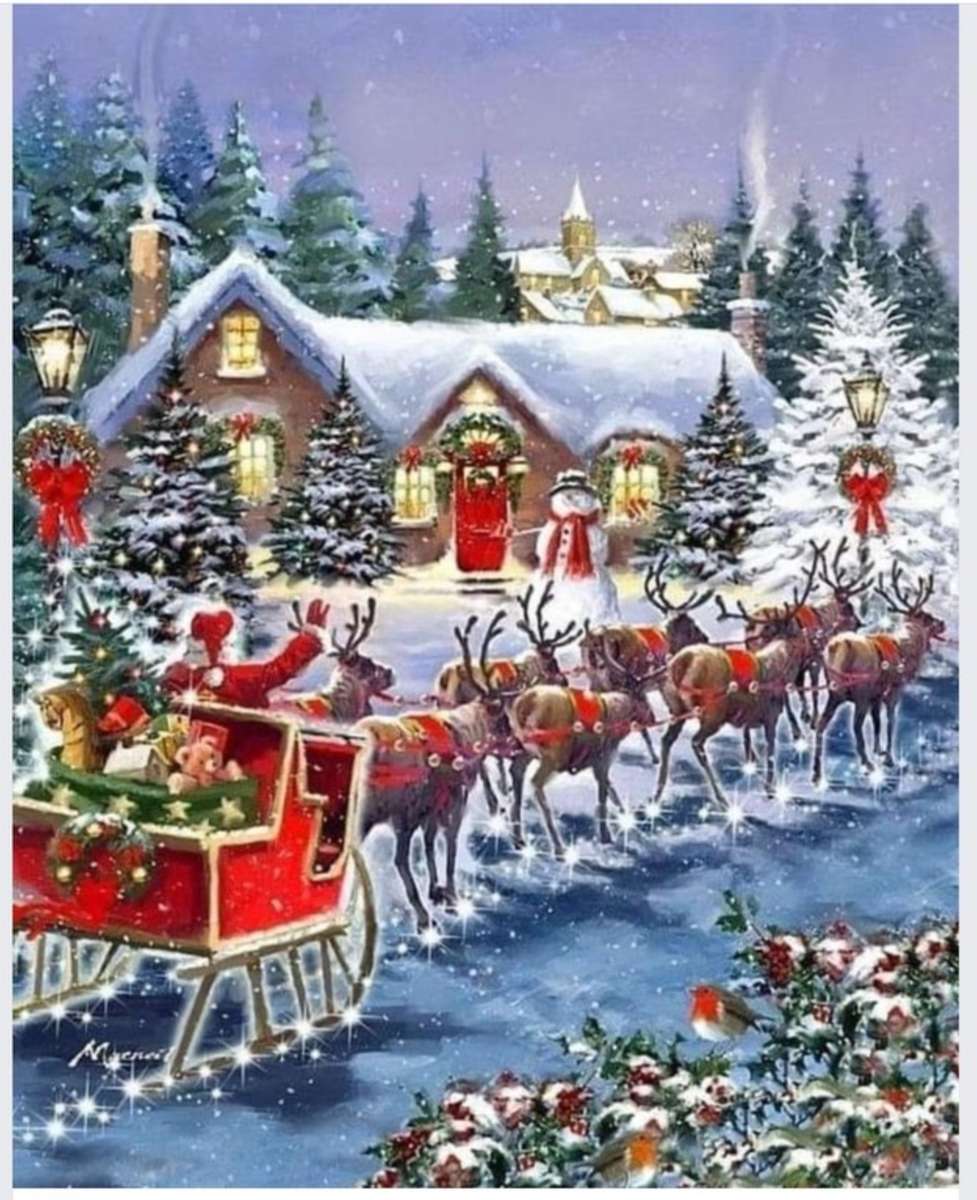 Le Père Noël arrive avec un traîneau rempli de cadeaux. puzzle en ligne