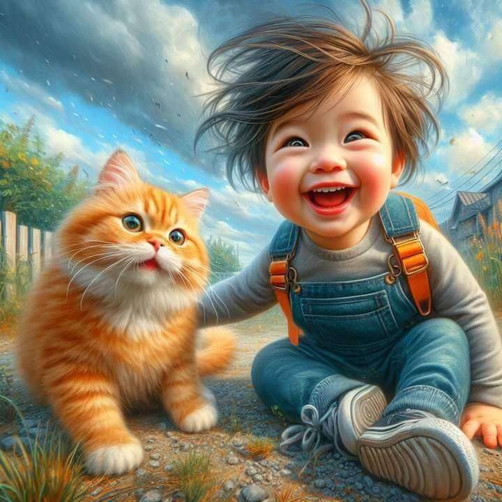 Cute kitten with child online puzzle