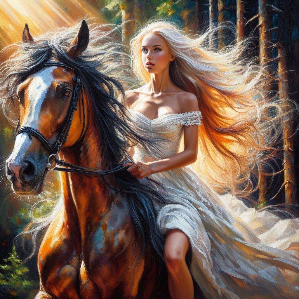Блондинка со своей лошадью пазл онлайн
