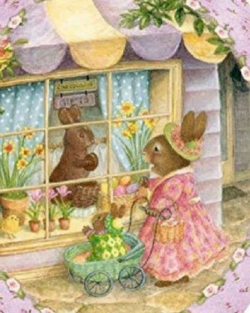 mama și puiul de iepuri în fața ferestrei jigsaw puzzle online