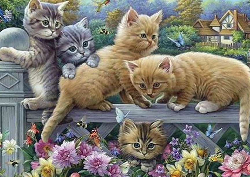 Kätzchen auf dem Zaun Online-Puzzle