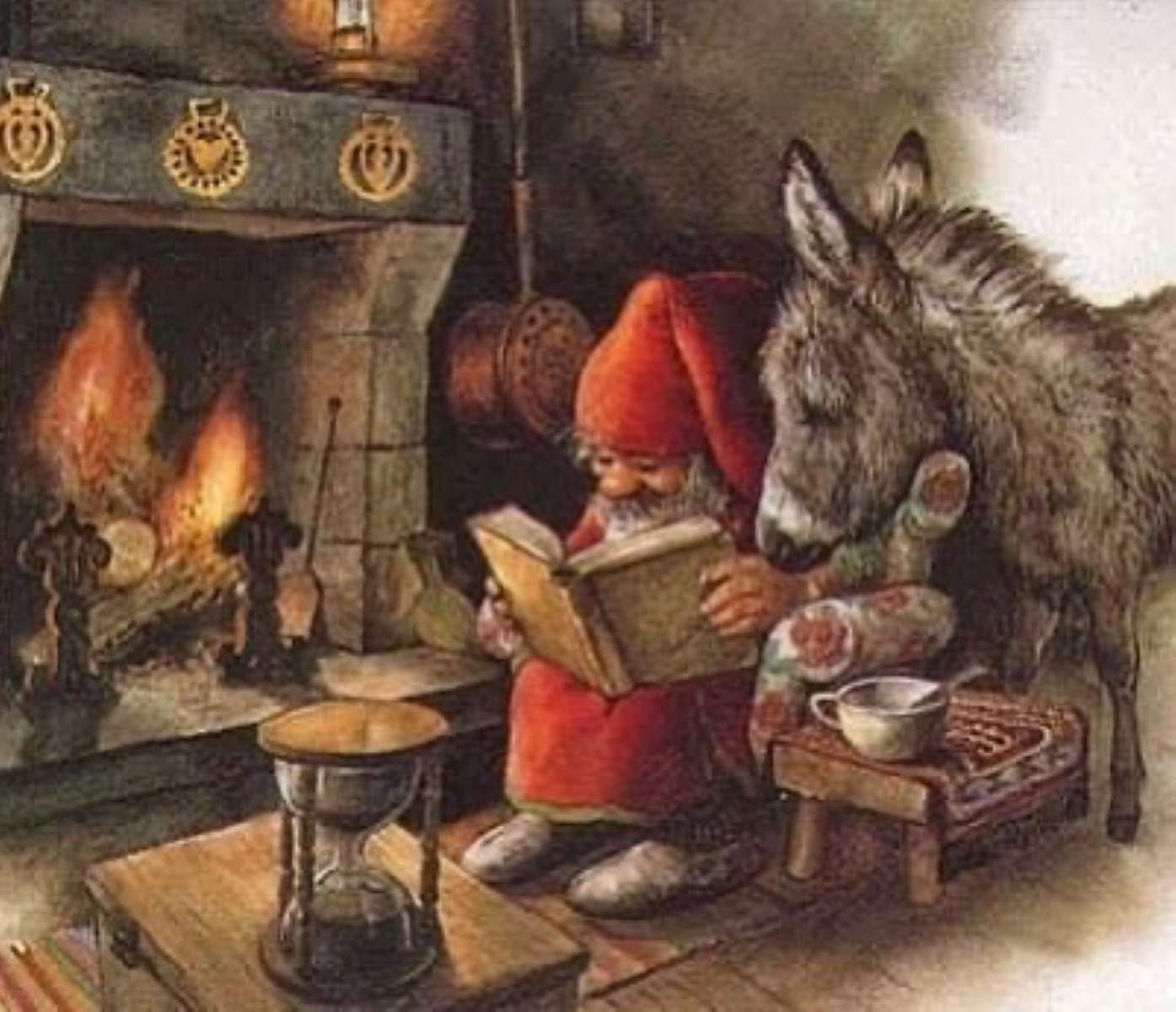 leggendo accanto al fuoco di un elfo e del suo asino puzzle online