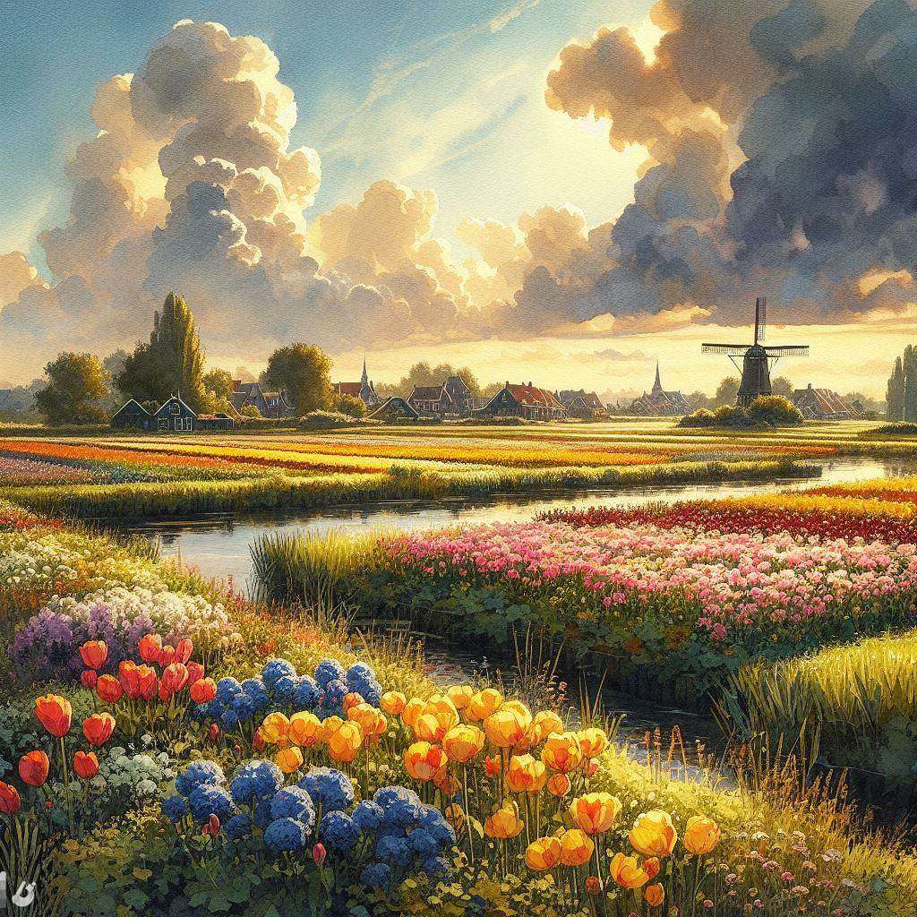 Paisaje holandés de campos de flores. rompecabezas en línea