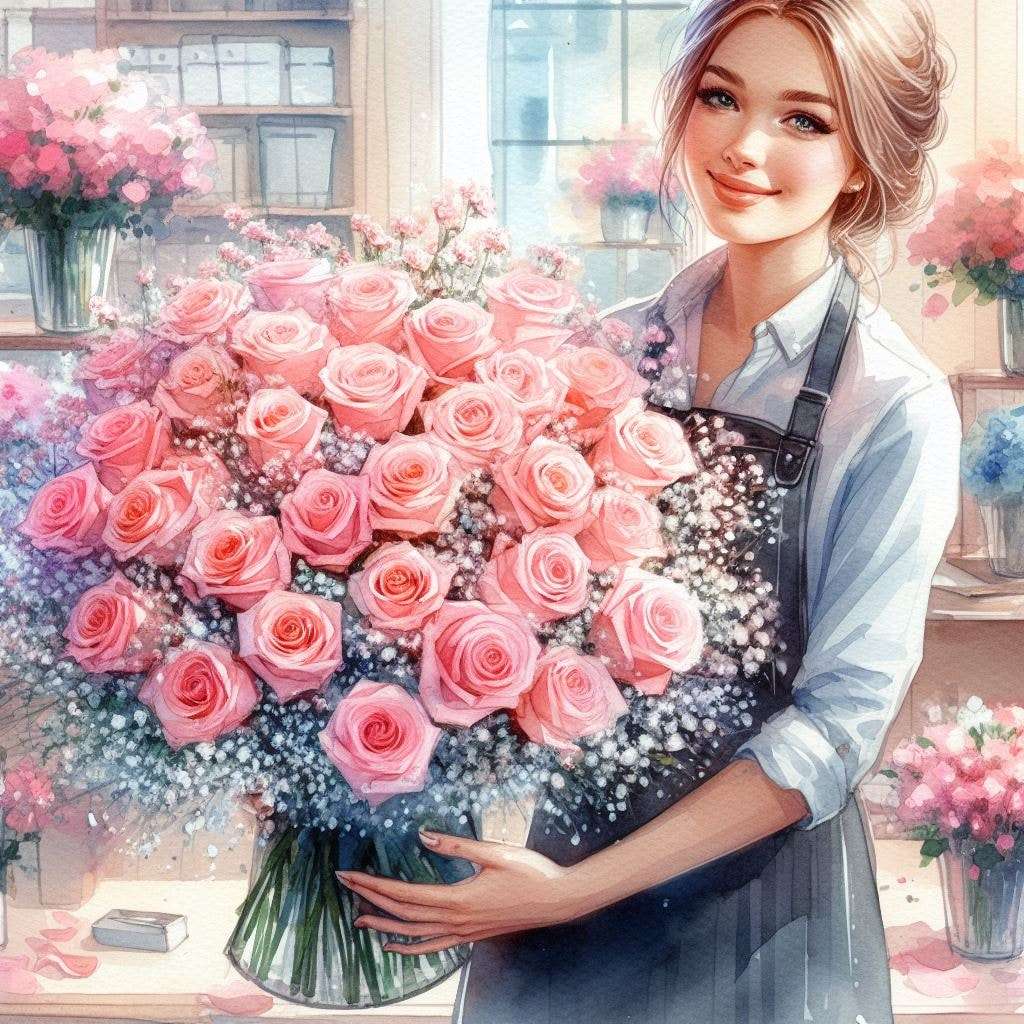 Κορίτσι λουλουδιών με ένα μπουκέτο από ροζ τριαντάφυλλα παζλ online