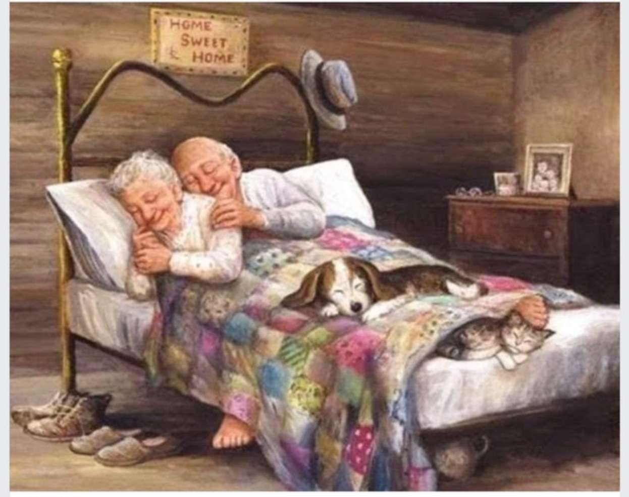 Mama und Papa kuscheln im Bett Online-Puzzle