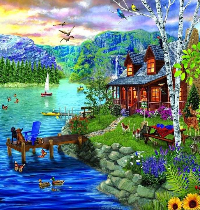 O casă pe râu în munți jigsaw puzzle online