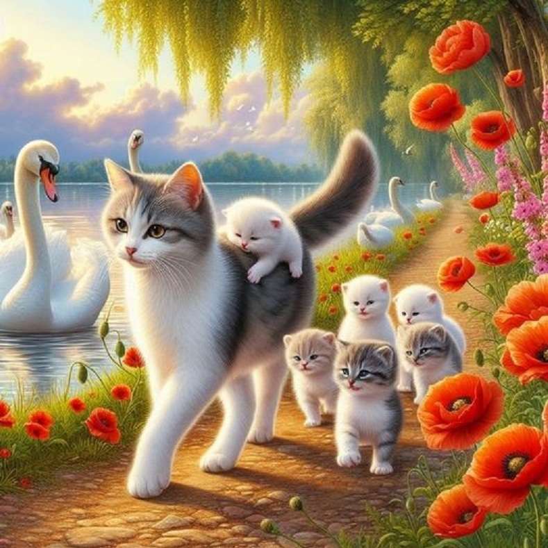 Kattunge med sina bebisar på en promenad pussel på nätet