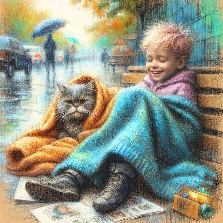 Junge im Regen mit seinem Kätzchen Online-Puzzle