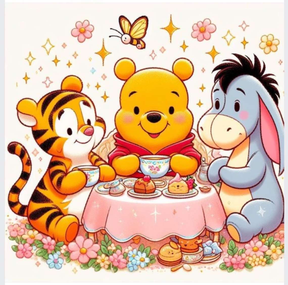 Trois amis prenant du thé et des crumpets avec Pooh. puzzle en ligne