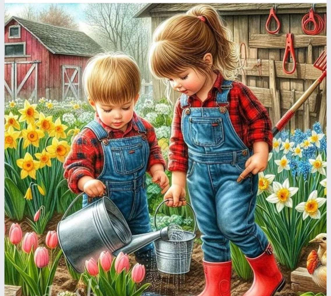 Kinderen geven de bloemen water. online puzzel