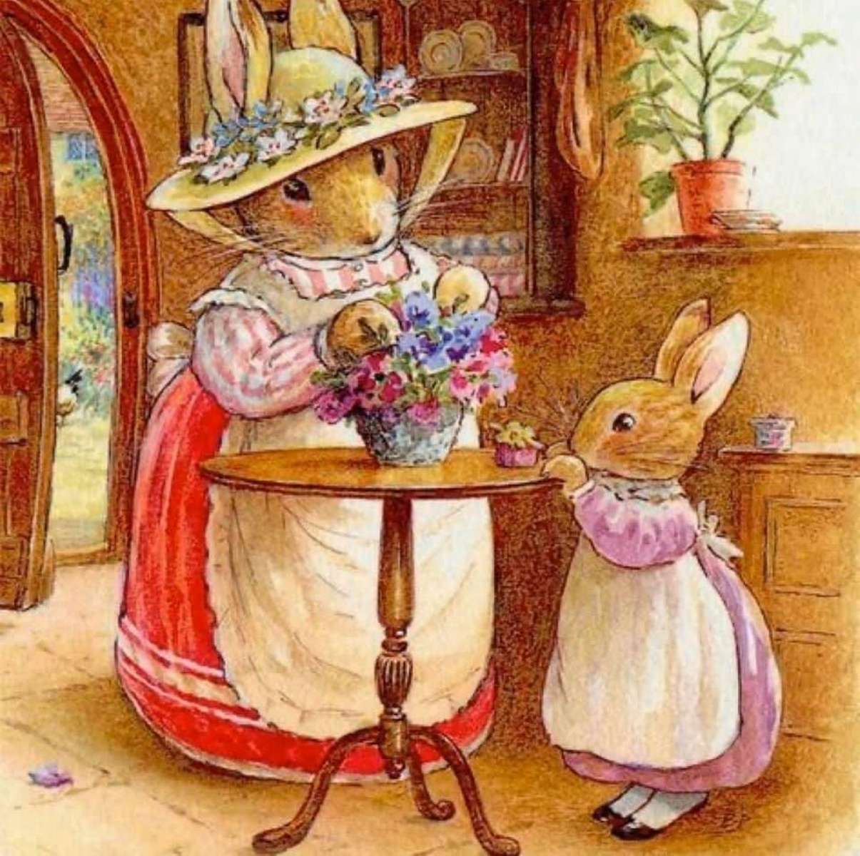 Madame Rabbit komponerar en bukett med sin dotter Pussel online