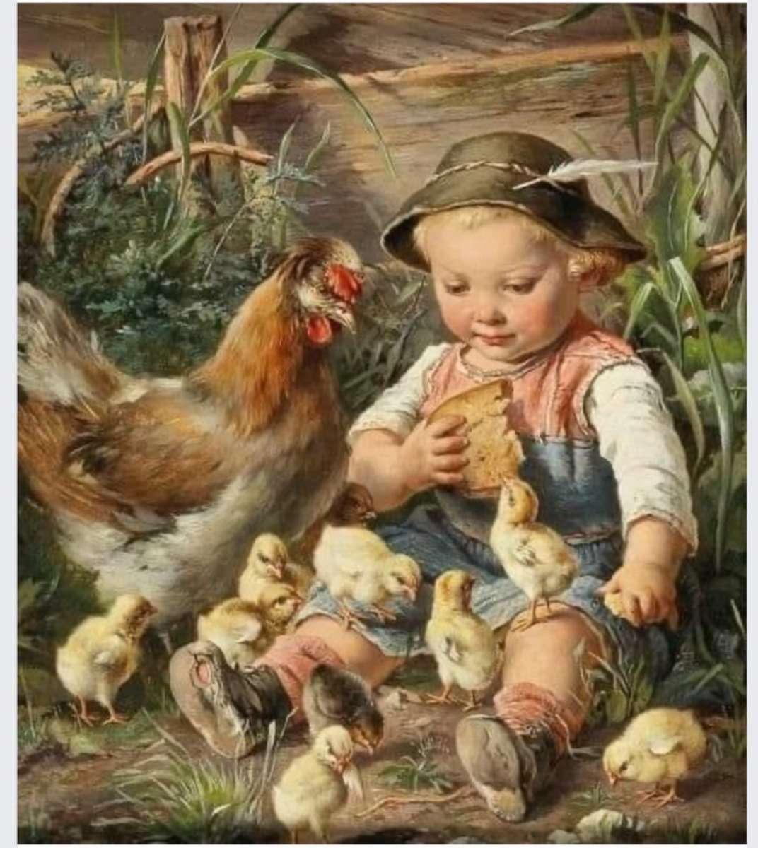 Мальчик с цыплятами и сэндвичем. пазл онлайн
