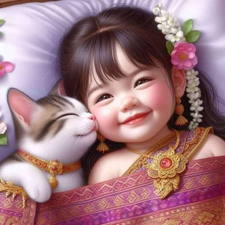 Cute little girl and her kitten online puzzle