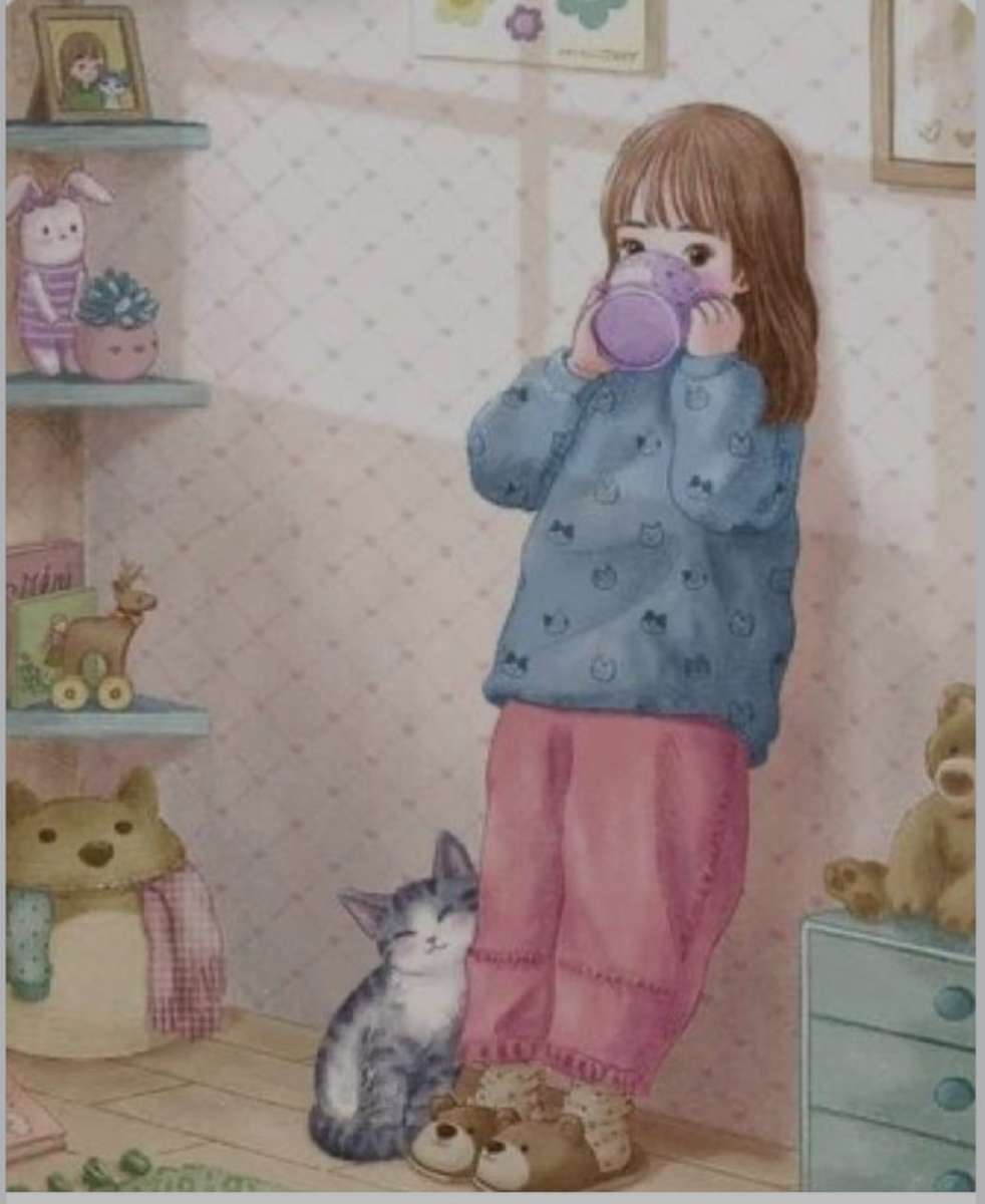 Kleines Mädchen im Schlafanzug genießt eine Tasse Kaffee. Puzzlespiel online