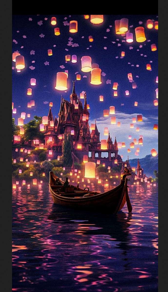 romantic kayaking among lanterns at night online puzzle