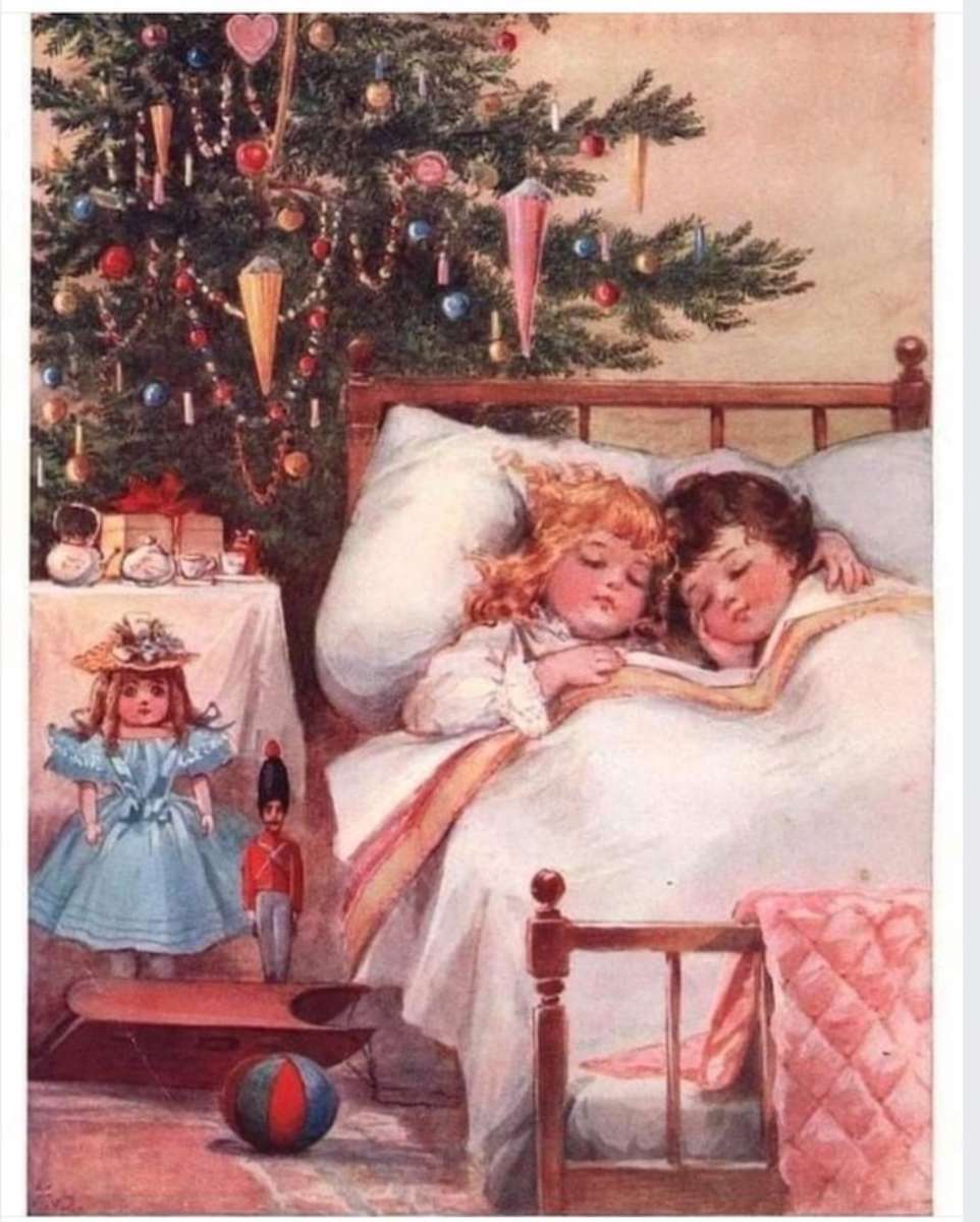 Dois amigos dormindo perto da árvore de Natal. puzzle online