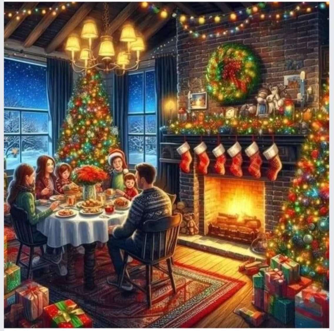 Χριστουγεννιάτικο δείπνο γύρω από το τζάκι. παζλ online
