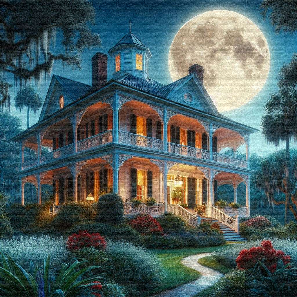 Viktorianskt hus under månen pussel på nätet