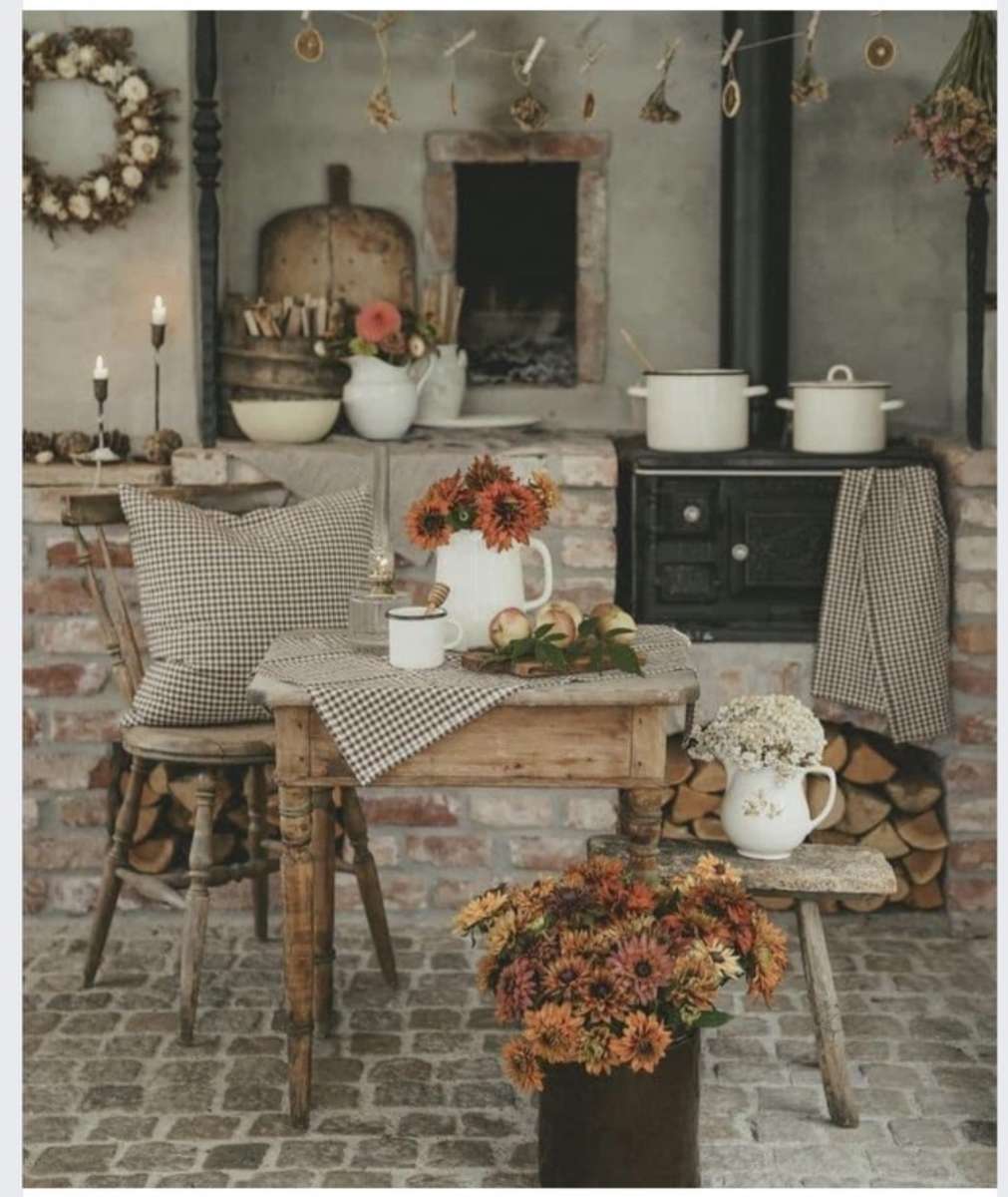 Cozy kitchen with stone and brickwork jigsaw puzzle online