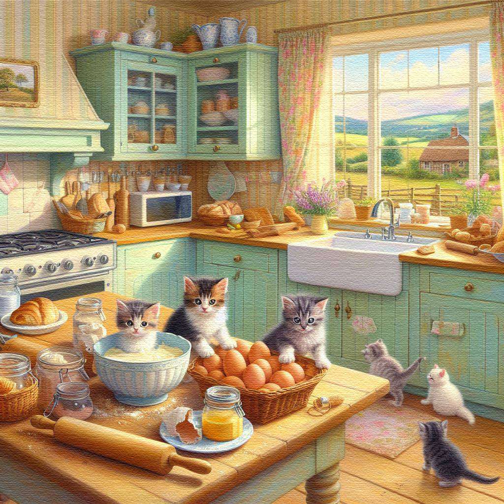 Lindos gatitos en la cocina. rompecabezas en línea