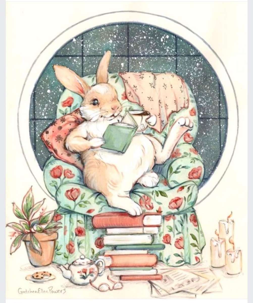 Bunny läser en bok i en fåtölj pussel på nätet