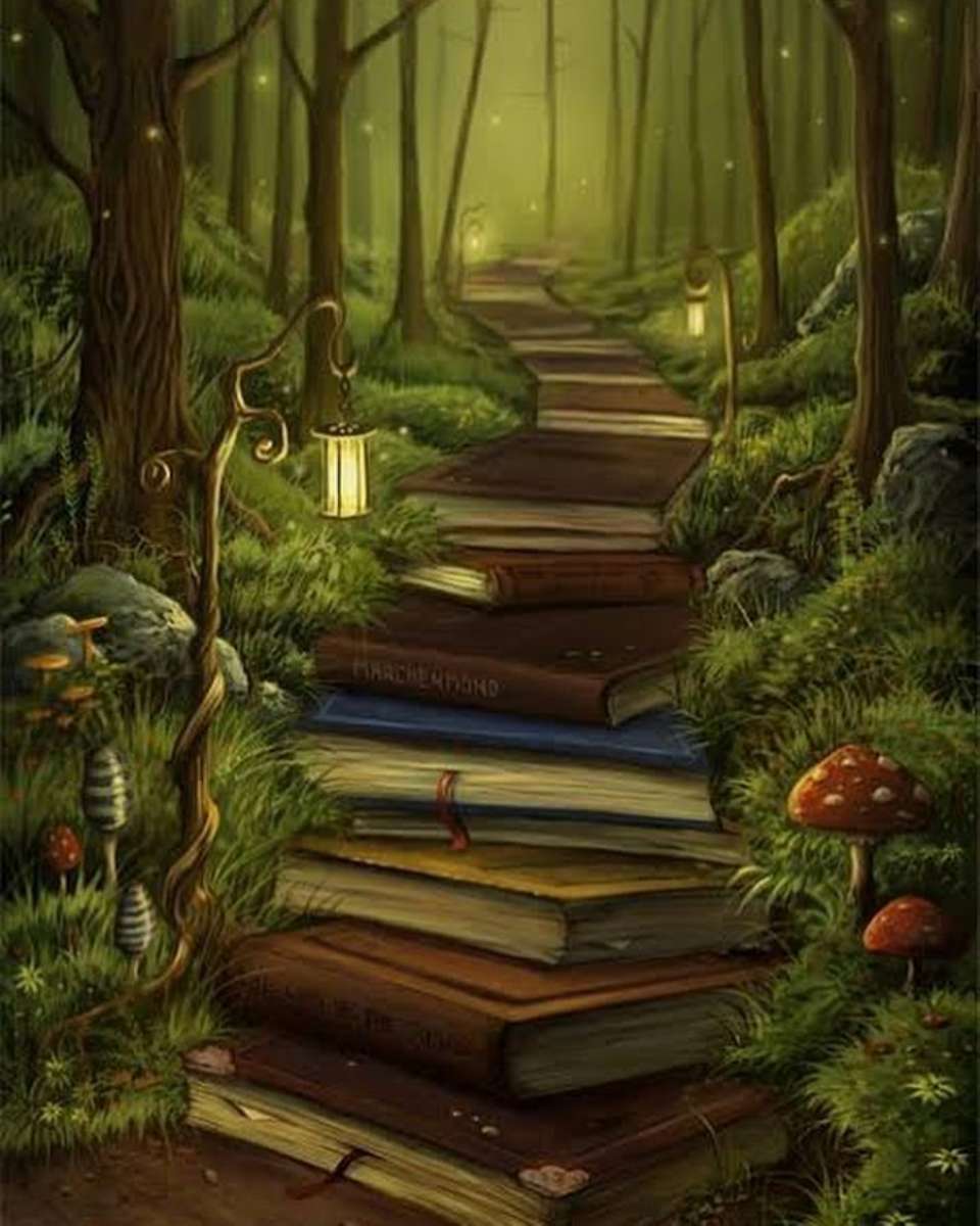väg av böcker i en magisk skog pussel på nätet
